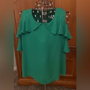 Roz&Ali Dressbarn Vibrant Green Ruffle Blouse NWT